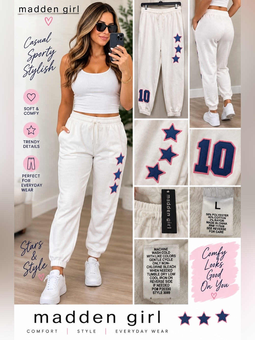 Madden Girl White Joggers with Blue Stars & Pink Trim NEW L